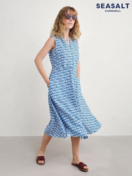 Seasalt Cornwall Blue Petite Carved Wood 100% Linen Sleeveless Dress (H56018) | £0