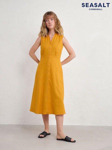 Seasalt Cornwall Yellow Petite Carved Wood 100% Linen Sleeveless Dress (H56023) | £86