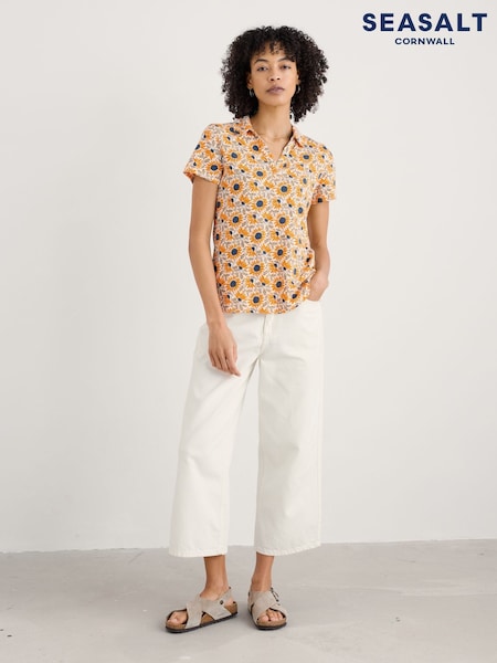 Seasalt Cornwall Yellow Wavecrest Jersey Short Sleeve 100% Cotton Shirt (H56025) | £43