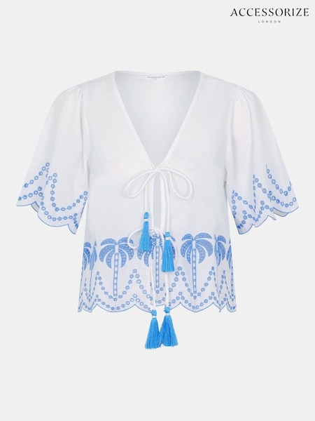Accessorize White Palm Embroidered 100% Cotton Tie Top (H56170) | £40