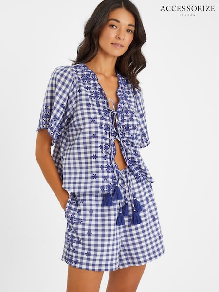 Accessorize Blue Gingham Embroidered 100% Cotton Tie Top (H56172) | £35