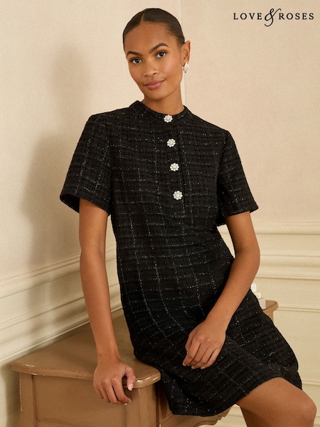 Love & Roses Black Tweed Button Mini Dress (H56220) | £62