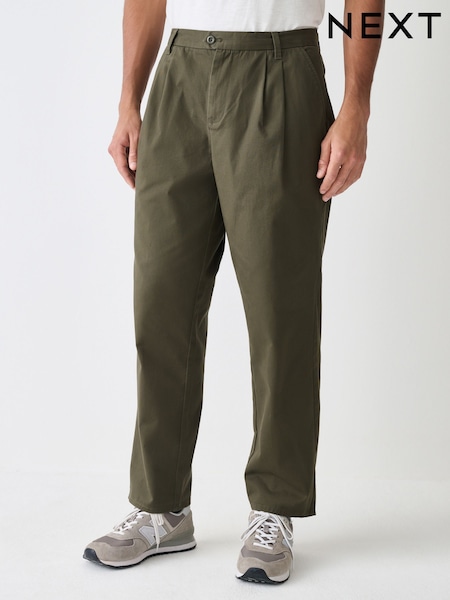 Khaki Green Relaxed Tapered Fit Twin Pleated Stretch Chinos Trousers (H56223) | £28