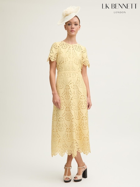 LK Bennett Yellow Georgia Italian Straw Lace Midi Dress (H56309) | £449