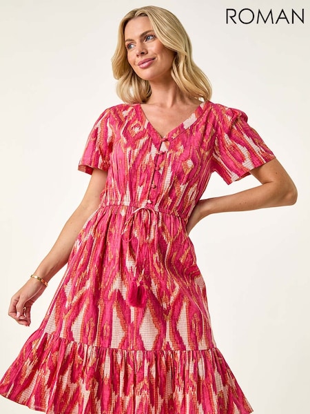 Roman Pink Petite Ikat Print V-Neck Frill Hem Dress (H56426) | £48