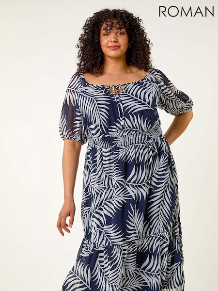 Roman Blue Curve Leaf Print Tie Neck Midi Dress (H56429) | £55