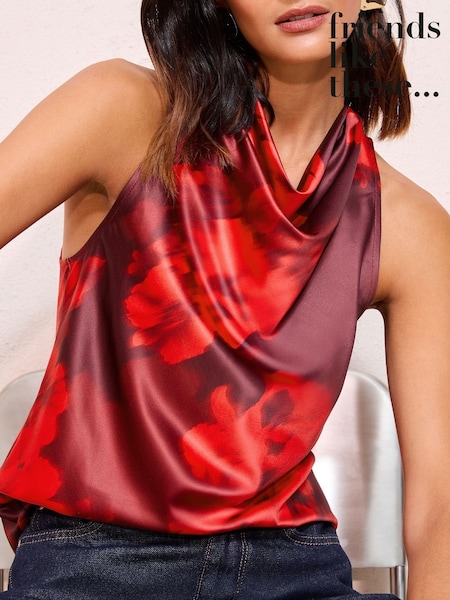 Friends Like These Red Floral Satin Cowl Neck Sleeveless Blouse (H56460) | £38