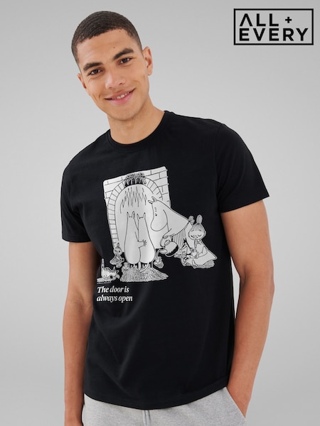 All + Every Black Mens Moomin 80th Anniversary Moomintroll & Co By The Fireplace T-Shirt (H56563) | £25
