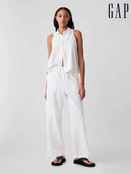 Gap White Linen Blend Wide Leg Cargo Pull On Trousers (H56638) | £24