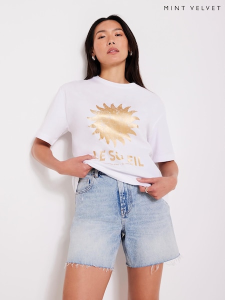 Mint Velvet Gold White Foil Soleil 100% Cotton T-Shirt (H56785) | £45