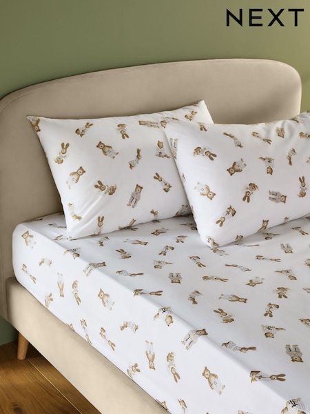 White Bertie Bear and Rosie Rabbit Fitted Sheet and Pillowcase Set (H56838) | £14 - £30