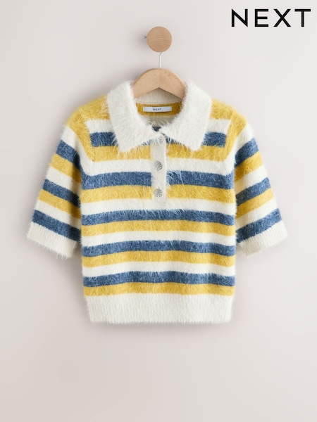 Blue/Yellow Stripe Gem Button Short Sleeve Knitted Polo Jumper (H56871) | £36