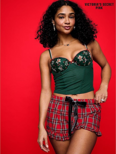 Victoria's Secret PINK Bright Vermillion Red Christmas Tartan Velvet Bow Pyjama Bottoms (H56887) | £26