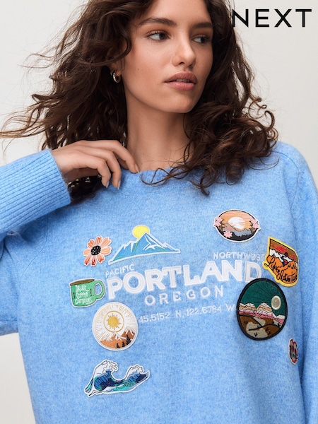 Light Blue Badge Embroidery Crew Neck Knitted Jumper with Wool (H56965) | £48