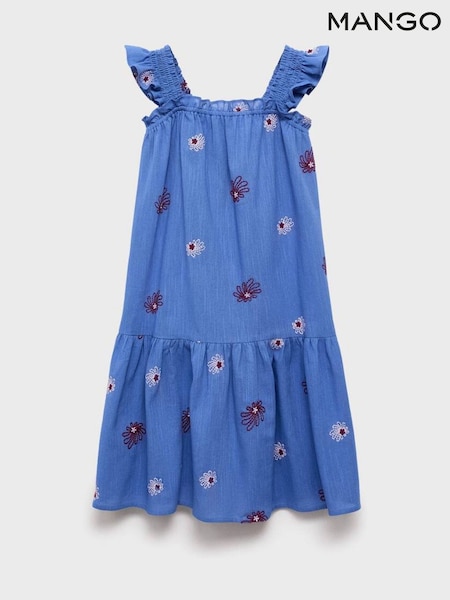 Mango Blue Cotton Ruffled Embroidered Dress (H57053) | £33