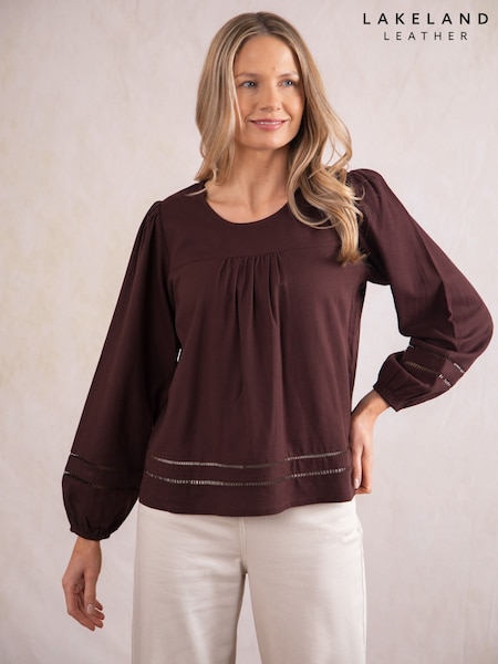 Lakeland Clothing Pearl Linen Blend Brown Blouse (H57070) | £40