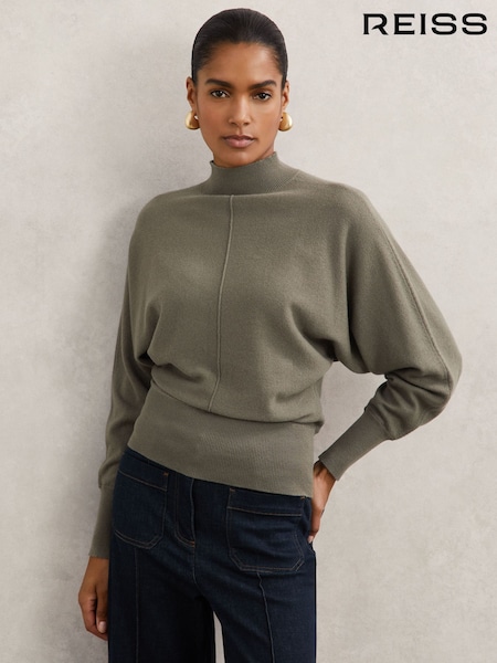 Reiss Sage Green Susie Wool-Blend Funnel-Neck Batwing Jumper with Cashmere (H57220) | £98