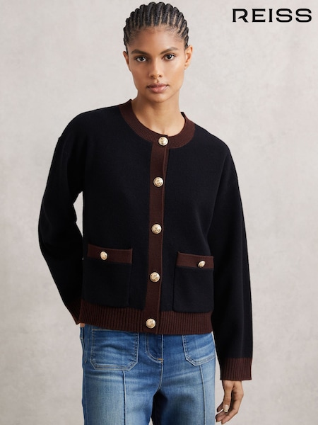Reiss Burgundy/Black Olive Wool-Cashmere Crew-Neck Cardigan (H57234) | £158