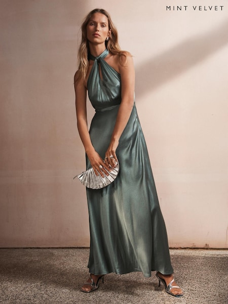 Mint Velvet Blue Satin Halter Maxi Dress (H57277) | £190