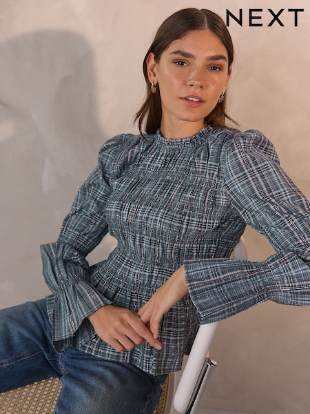 Blue Metallic Check Smocked Long Sleeve Blouse (H57309) | £35