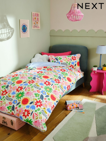 Bright Floral Cotton Duvet Cover and Pillowcase Set (H57374) | £22 - £24