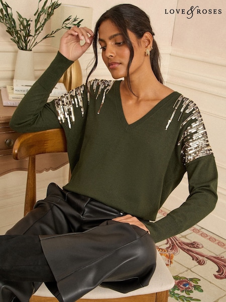 Love & Roses Khaki Green Sequin V-Neck Knitted Jumper (H57434) | £40