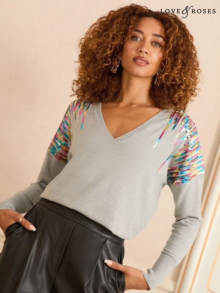 Love & Roses Grey Rainbow Sequin V-Neck Knitted Jumper (H57435) | £40