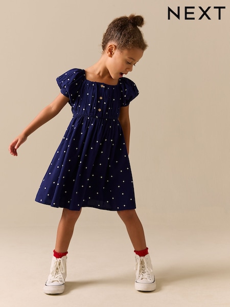 Navy Blue Spot Short Sleeve Dress (3-16yrs) (H57504) | £13 - £18