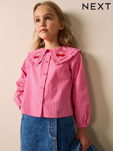 Pink Stripe Long Sleeve Cherry Embroidered Collar Blouse (3-16yrs) (H57522) | £17 - £23
