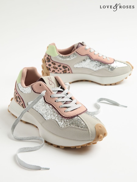 Love & Roses Silver Glitter Mix Material Retro Comfort Jogger Trainers (H57557) | £49