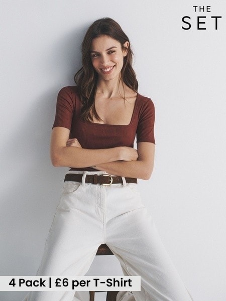 The Set 4 Pack Textured Ribbed Square Neck Half Sleeve T-Shirts Black/Pink/White (H57876) | £24