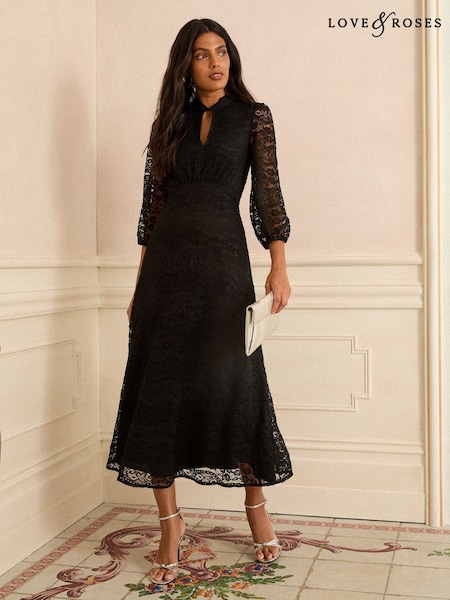 Love & Roses Black Petite Lace High Neck Midi Dress (H58040) | £69