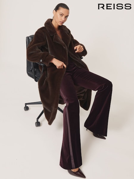 Reiss Chocolate Brown Cate Petite Faux-Fur Long Belted Coat (H58096) | £298