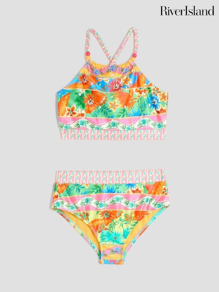 River Island Orange Girls Tropical Stripe Bikini (H58138) | £0
