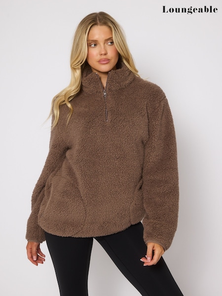 Loungeable Brown Borg Quarter  Zip Jumper (H58158) | £22
