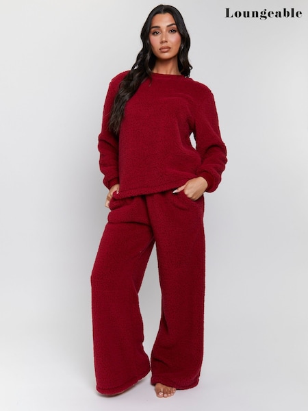 Loungeable Burgundy Red Borg Jumper & Wide Leg Trousers Lounge Set (H58167) | £32