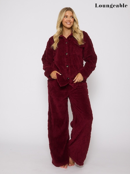 Loungeable Burgundy Cableknit Button Down Cardigan and Trousers Lounge Set (H58168) | £34