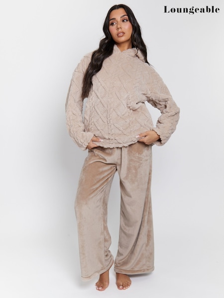 Loungeable Brown Cable Cutwork Hoodie and Luxury Fleece Trousers Set (H58170) | £34