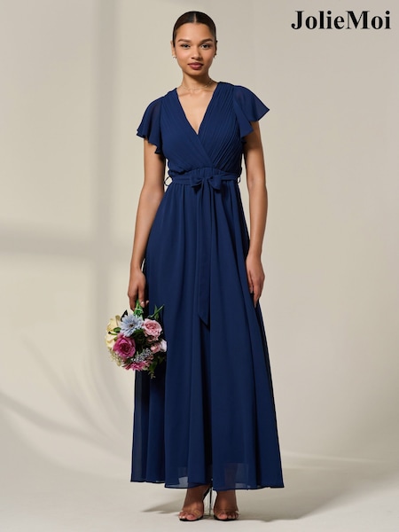 Jolie Moi Blue Chiffon Flutter Sleeve Maxi Dress (H58277) | £78