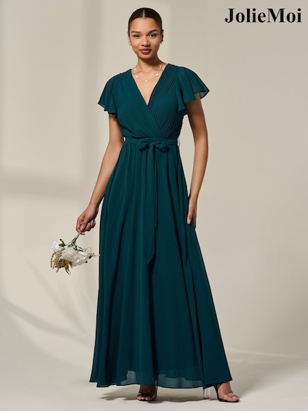 Jolie Moi Green Chiffon Flutter Sleeve Maxi Dress (H58278) | £78