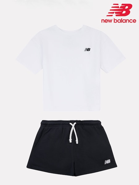 New Balance White Small Kids Logo T-Shirt and Shorts Set (H58307) | £45 - £54