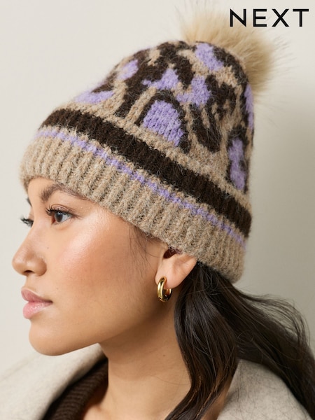 Lilac Animal Knitted Pom Hat (H58320) | £14