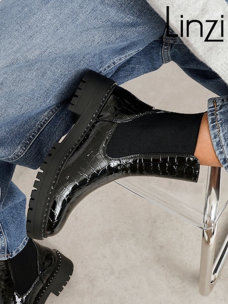 Linzi Black Landon Chunky Croc Mix Ankle Boots With Stud Detail Sole (H58331) | £45