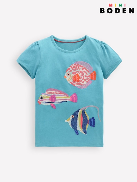 Boden Blue Puff Sleeve Fish Superstitch Top (H58347) | £19 - £21