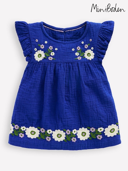 Boden Blue Embroidered Double Cloth Frill Sleeve Top (H58359) | £25 - £29