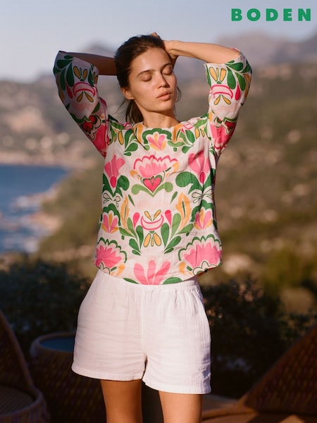 Boden Pink Fluted Sleeve Linen Top (H58365) | £86