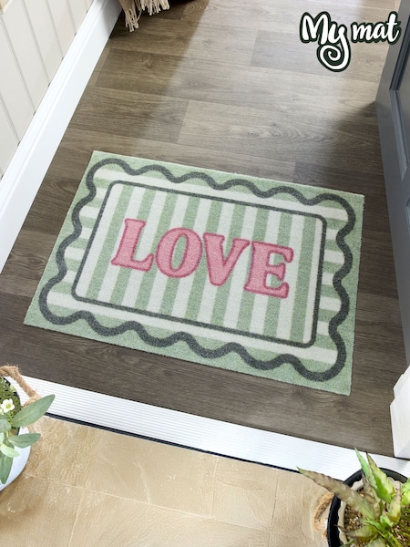 My Mat Sage Green Washable Scalloped Love Doormat (H58521) | £20
