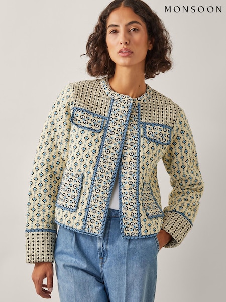 Monsoon Natural Judy Geometric Print Quilted Jacket (H58536) | £85