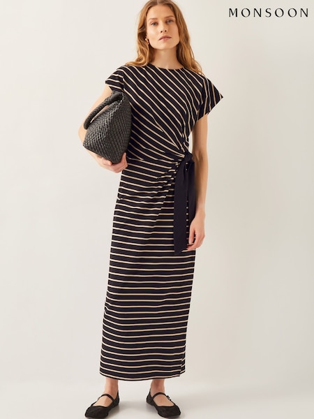 Monsoon Black Sanya Stripe Jersey Maxi Dress (H58542) | £75