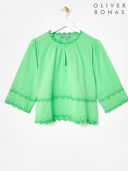 Oliver Bonas Green Textured Broderie Frill Blouse (H58564) | £60